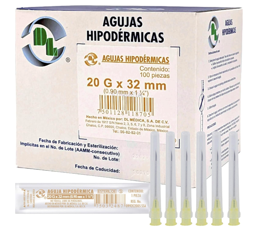 Agujas Hipodérmicas. Hipodérmicas con pabellón luer-lock hembra de plástico desechables. Longitud: 32 mm. Calibre: 20 G. Envase con 100 piezas.